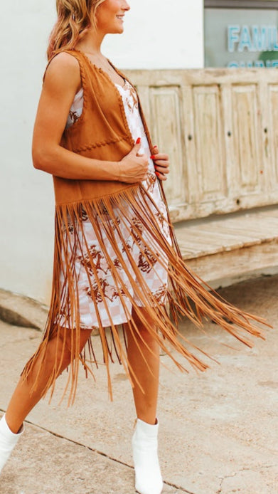 Brown Suede Fringe Long Vest