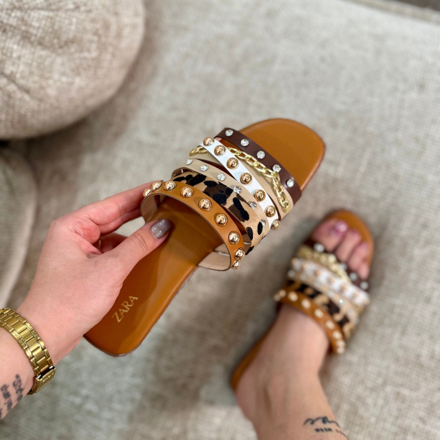 Leopard - Print Studded Chain Slide Sandals
