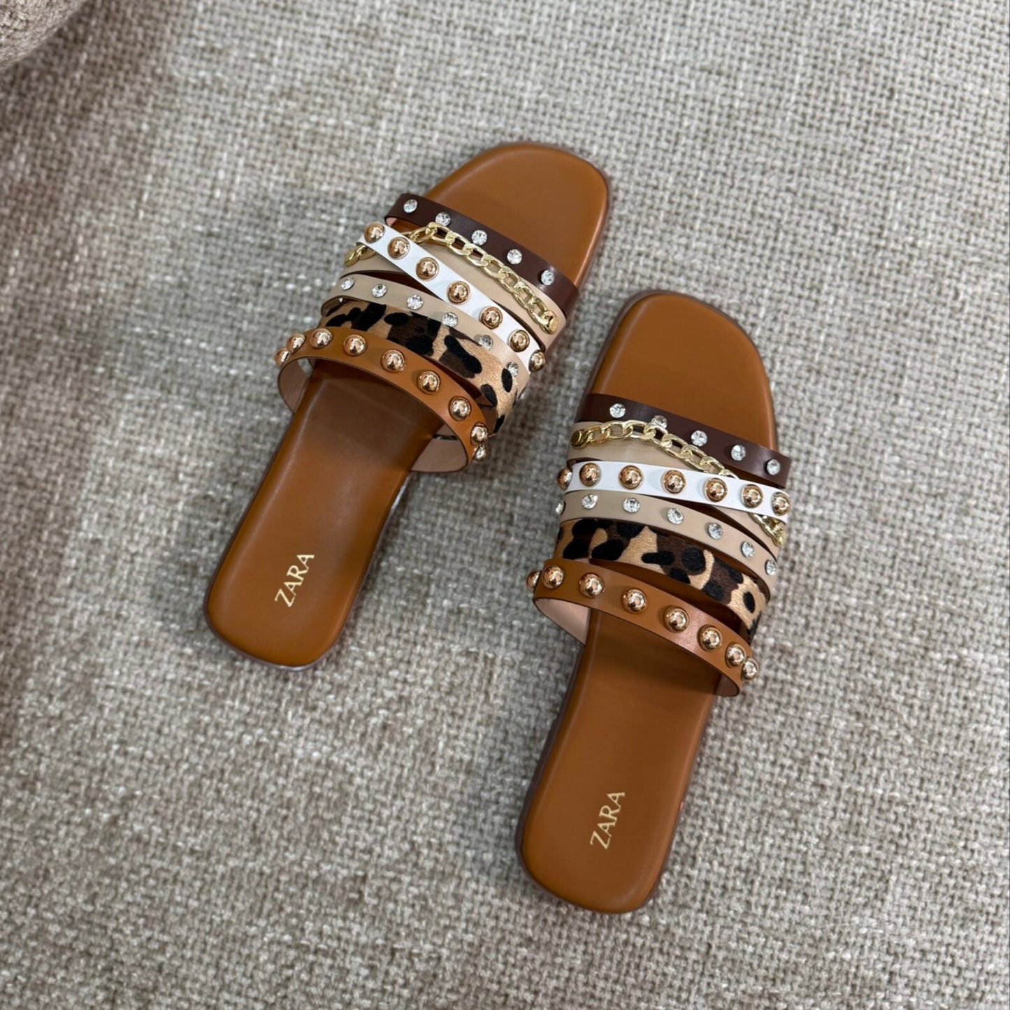 Leopard - Print Studded Chain Slide Sandals