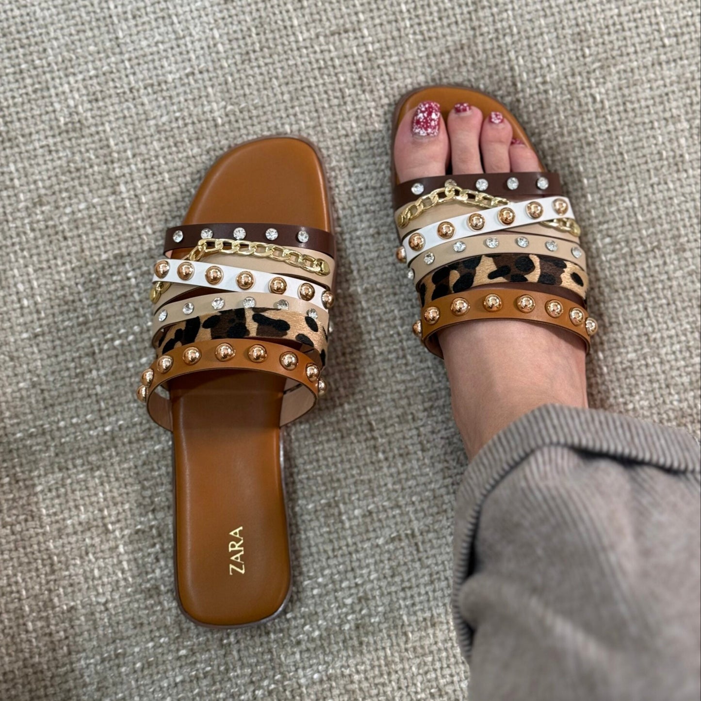 Leopard - Print Studded Chain Slide Sandals