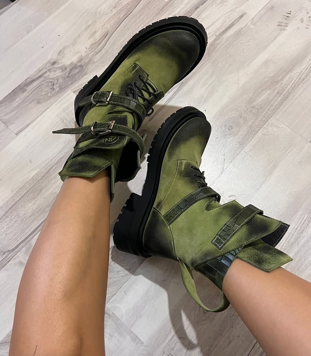 Olive Distressed Buckle Combat Boots