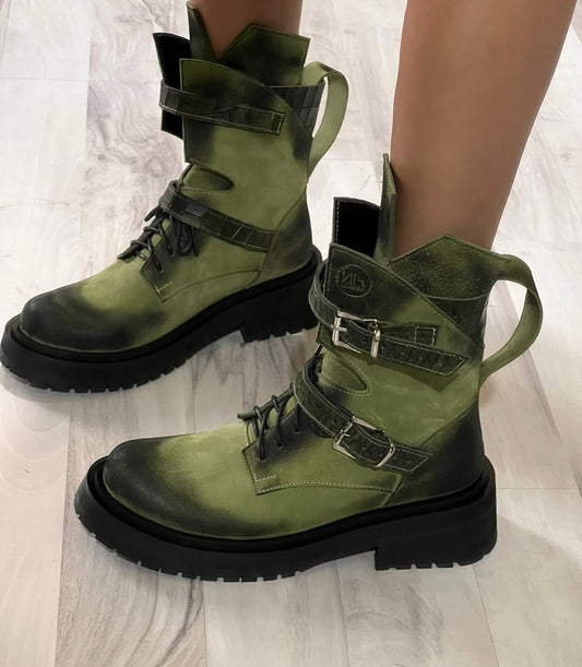 Olive Distressed Buckle Combat Boots
