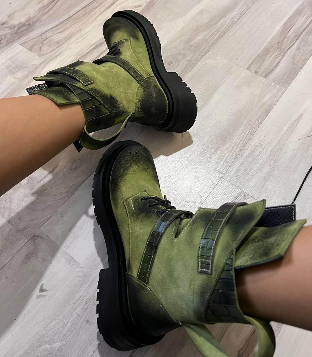 Olive Distressed Buckle Combat Boots