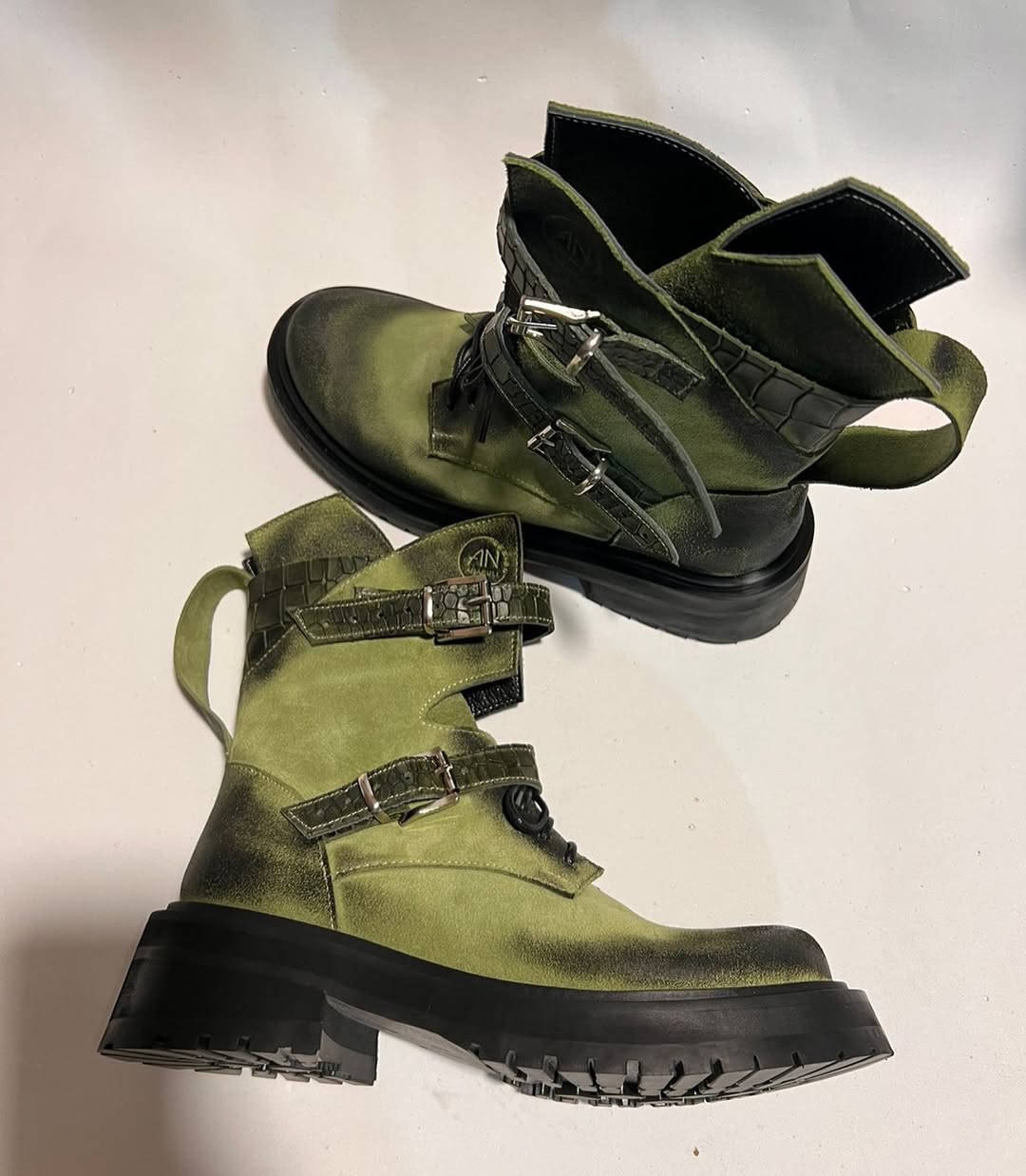 Olive Distressed Buckle Combat Boots