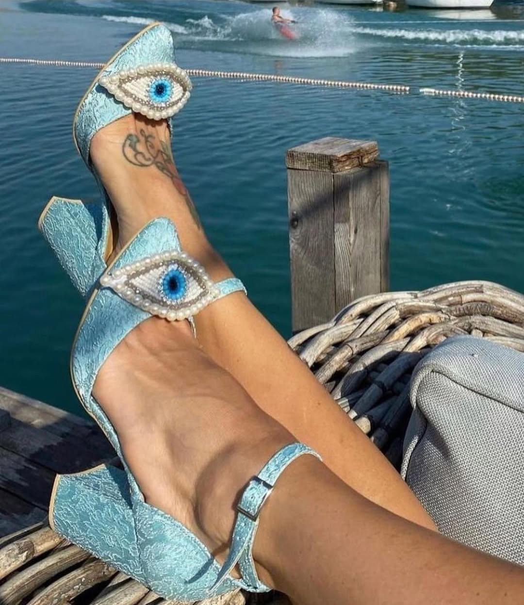 Blue Evil Eye Embellished Heels