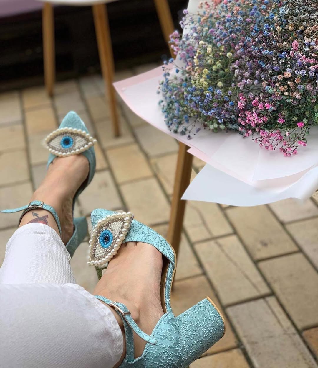 Blue Evil Eye Embellished Heels