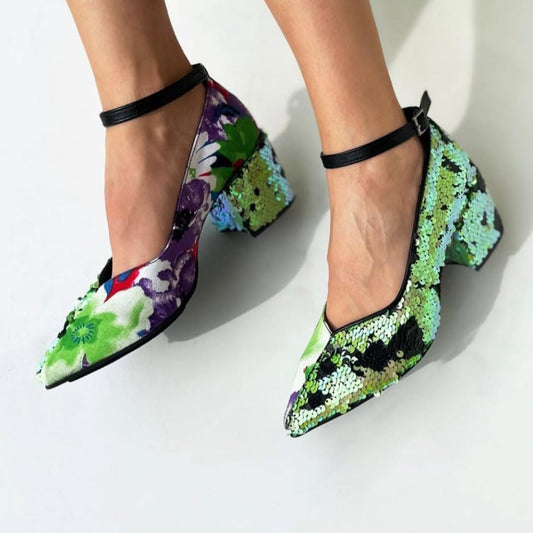 Sequin Bloom Block Heels