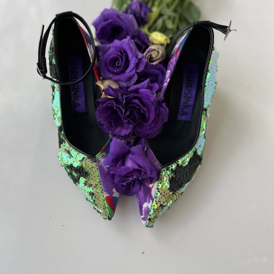 Sequin Bloom Block Heels