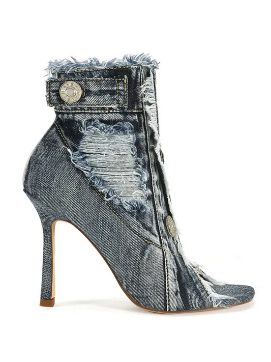 Denim Fringe Peep Toe Stiletto Boots
