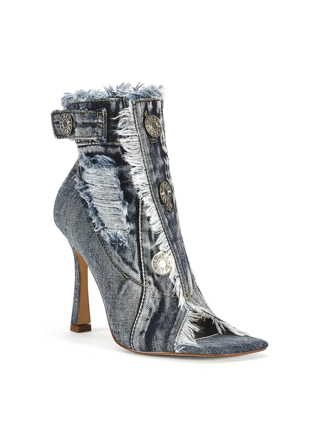 Denim Fringe Peep Toe Stiletto Boots