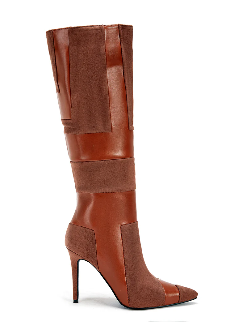 BROWN PATCHWORK STILETTO BOOT