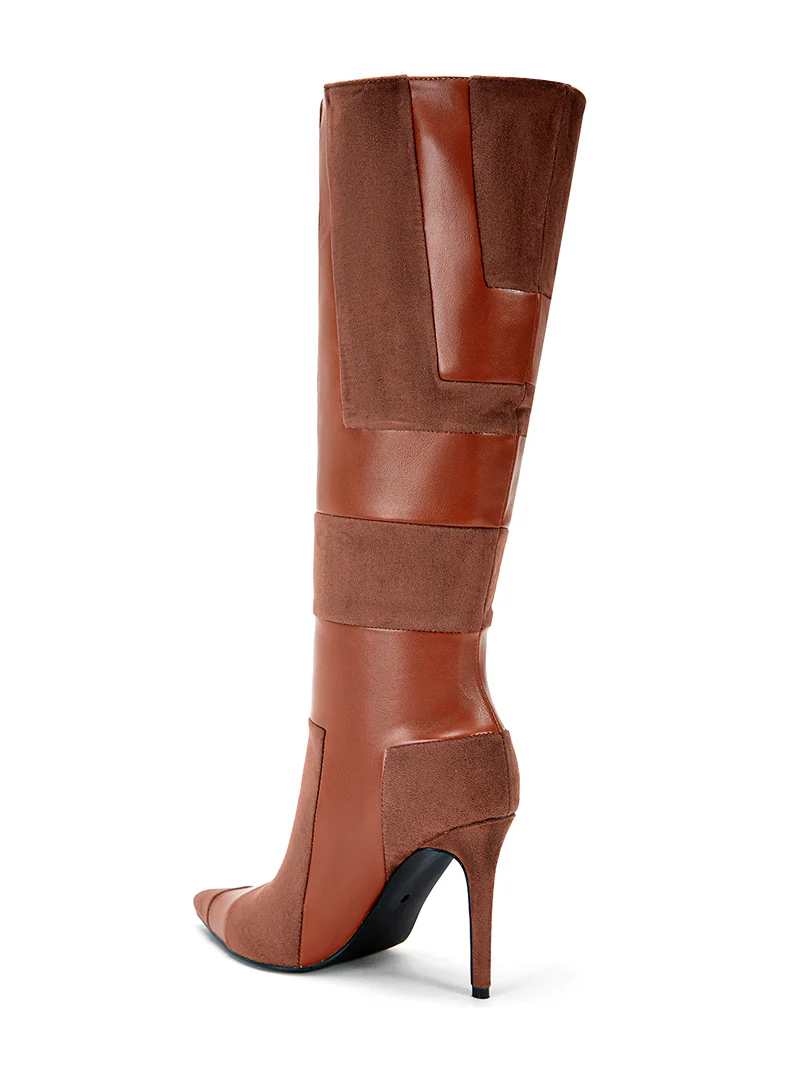 BROWN PATCHWORK STILETTO BOOT