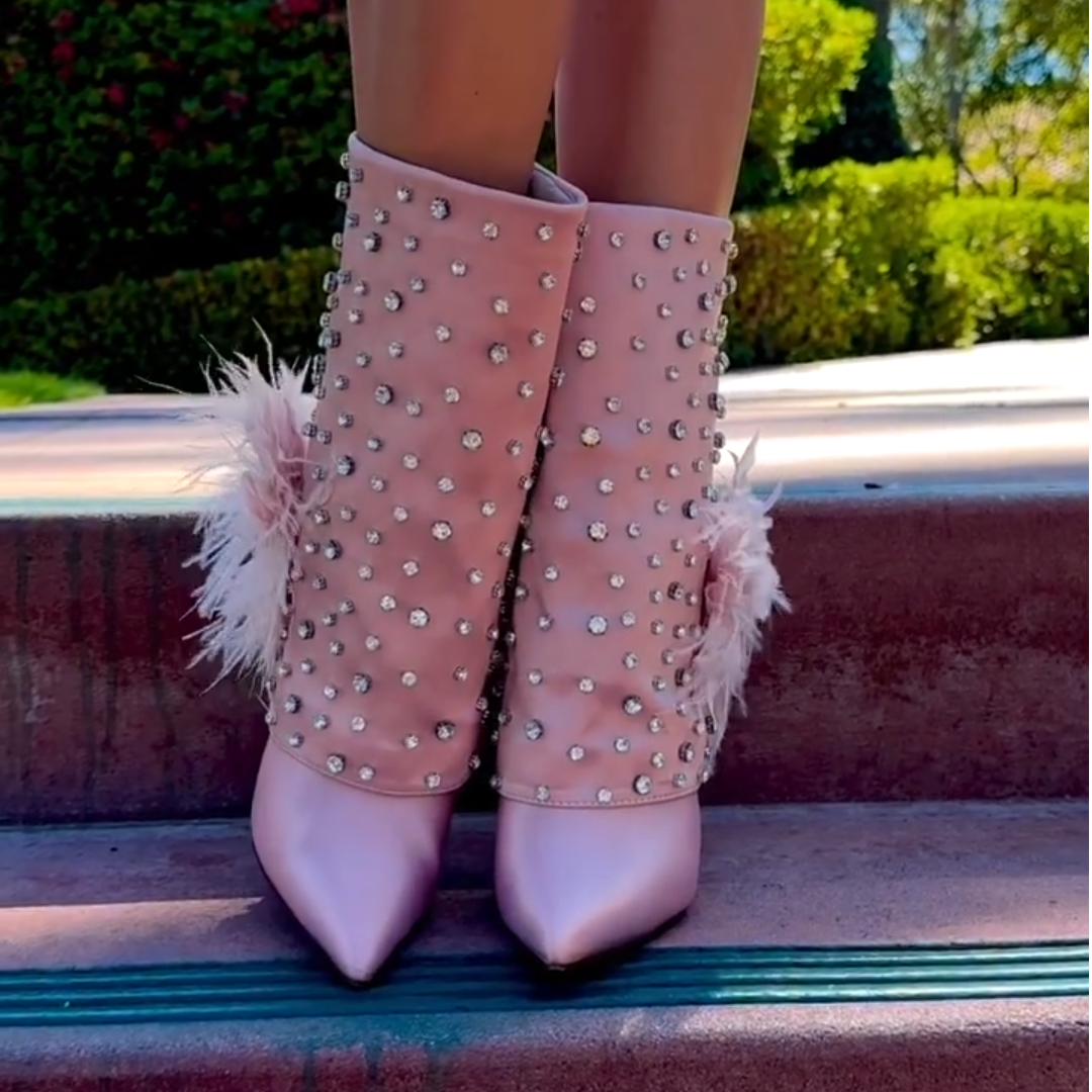 Pink Rhinestone Feather Ankle Boots