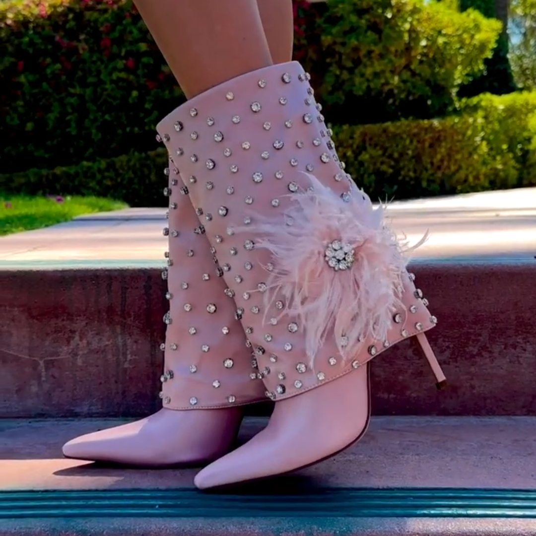 Pink Rhinestone Feather Ankle Boots