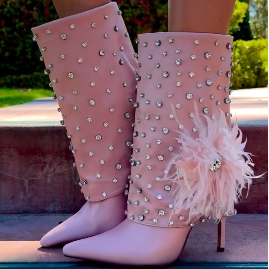 Pink Rhinestone Feather Ankle Boots