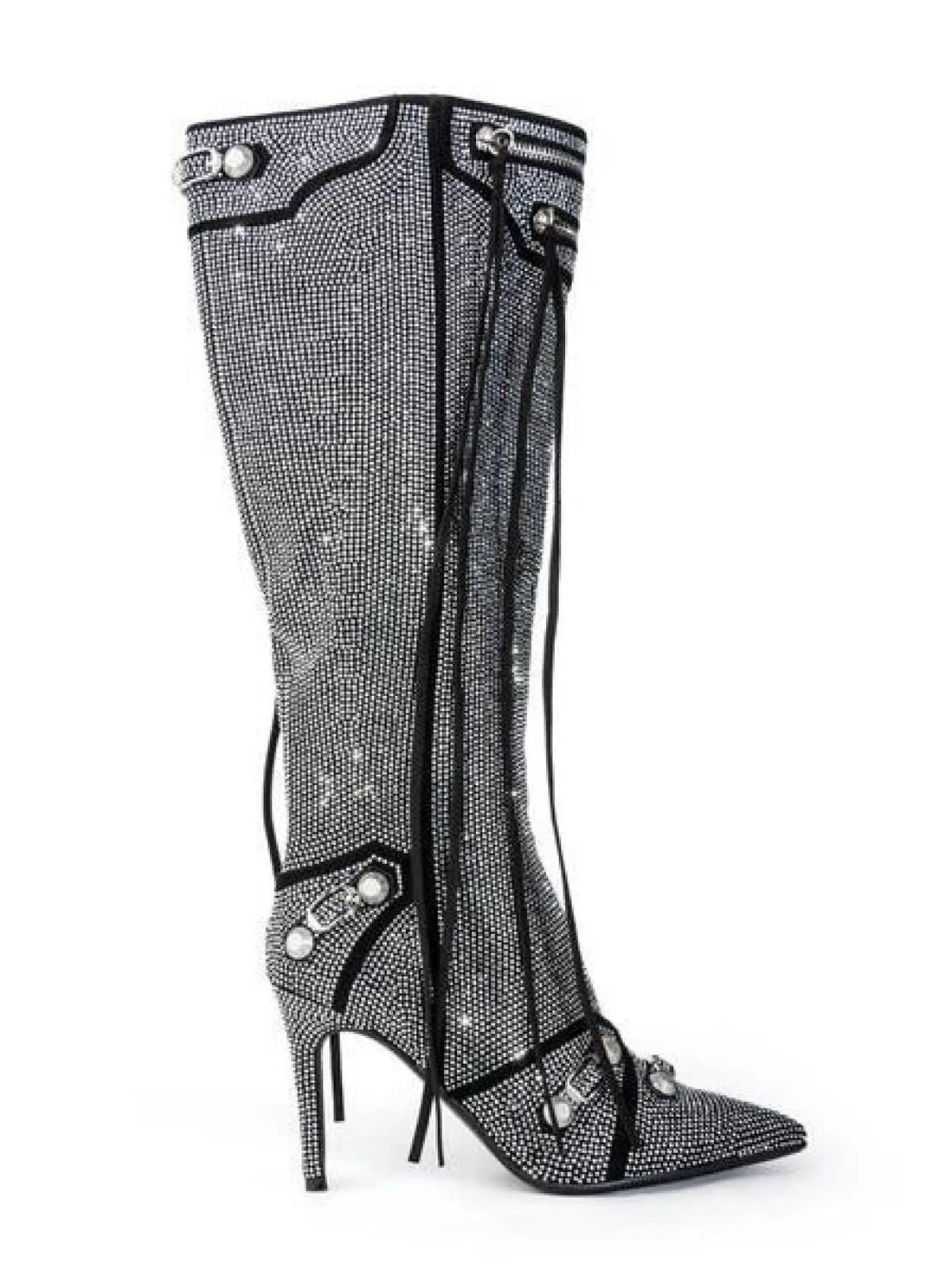 Rhinestone Lace - Up Stiletto Knee - High Boots
