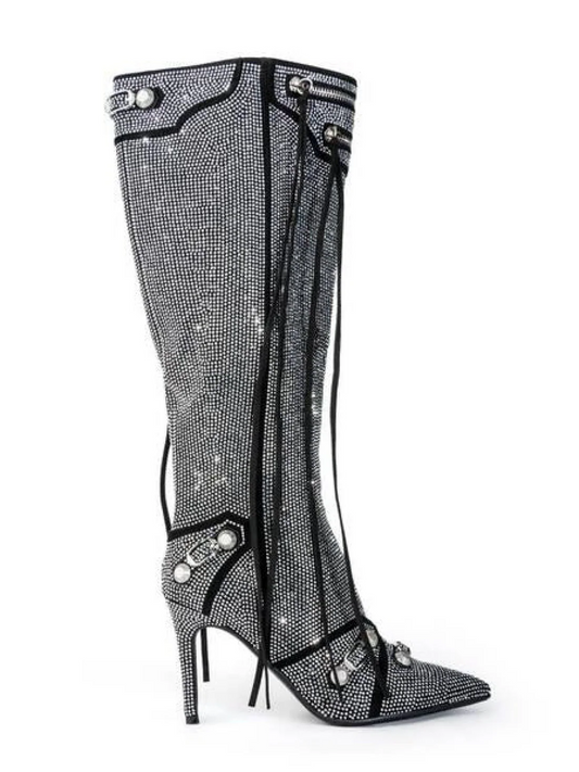 Rhinestone Lace - Up Stiletto Knee - High Boots