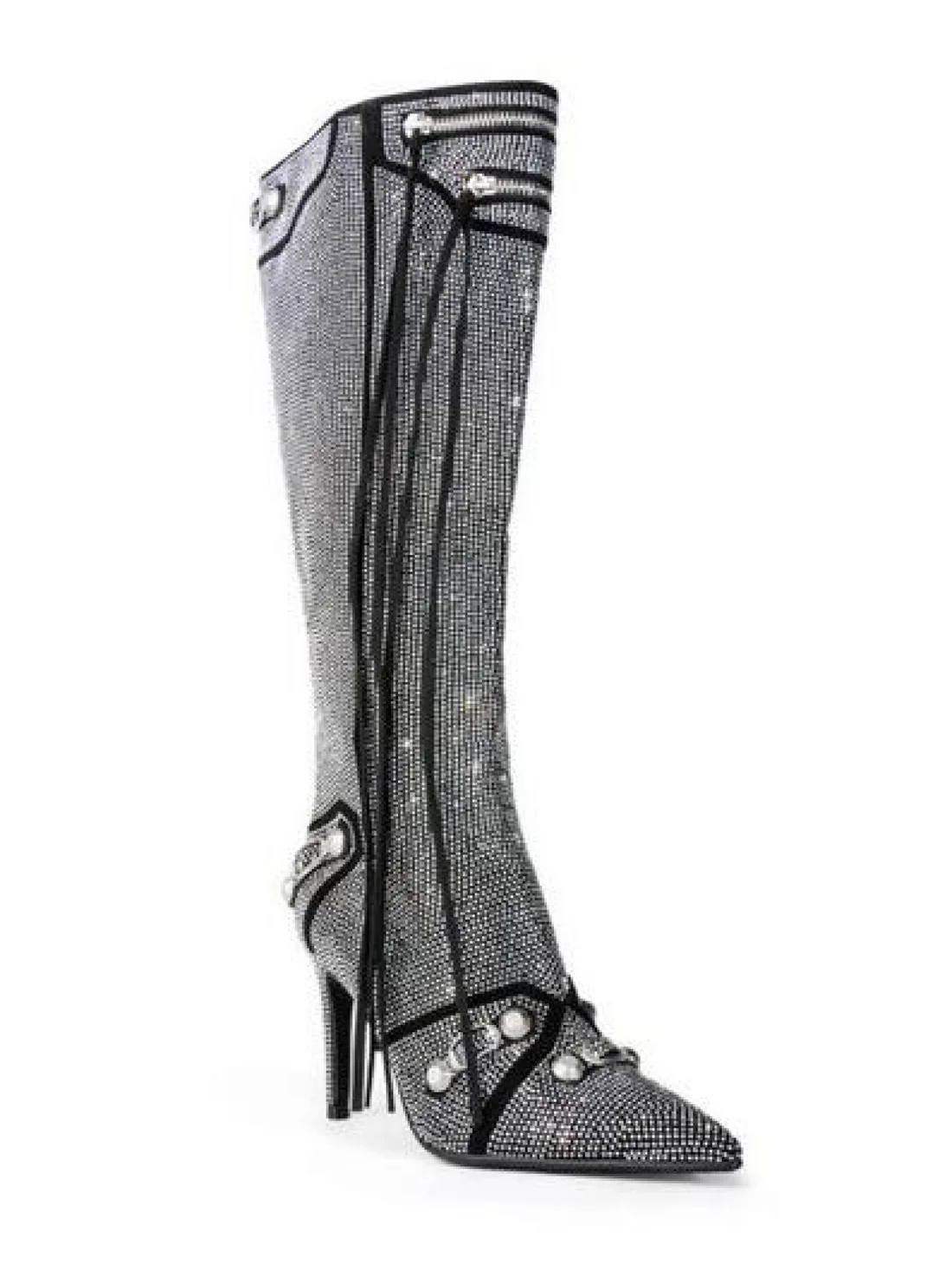 Rhinestone Lace - Up Stiletto Knee - High Boots
