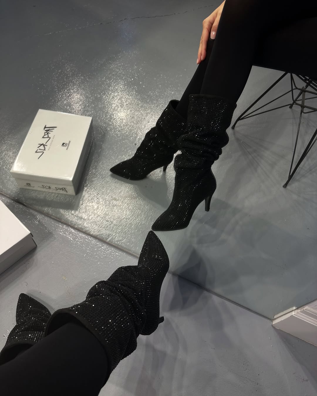 Black Rhinestone High Heeled Boots