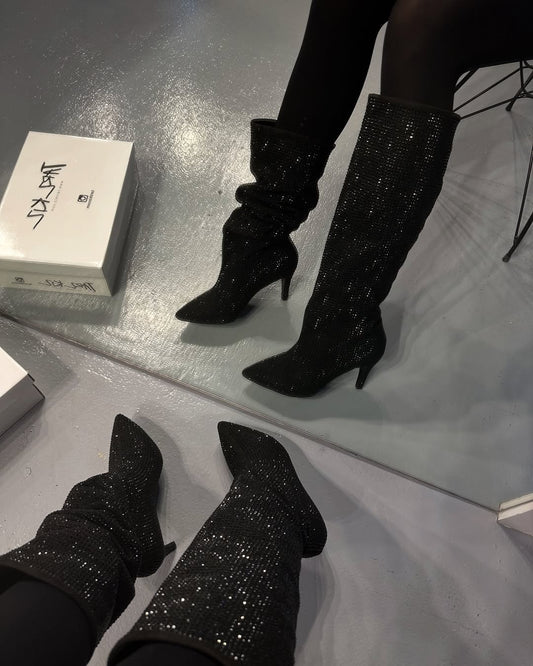 Black Rhinestone High Heeled Boots