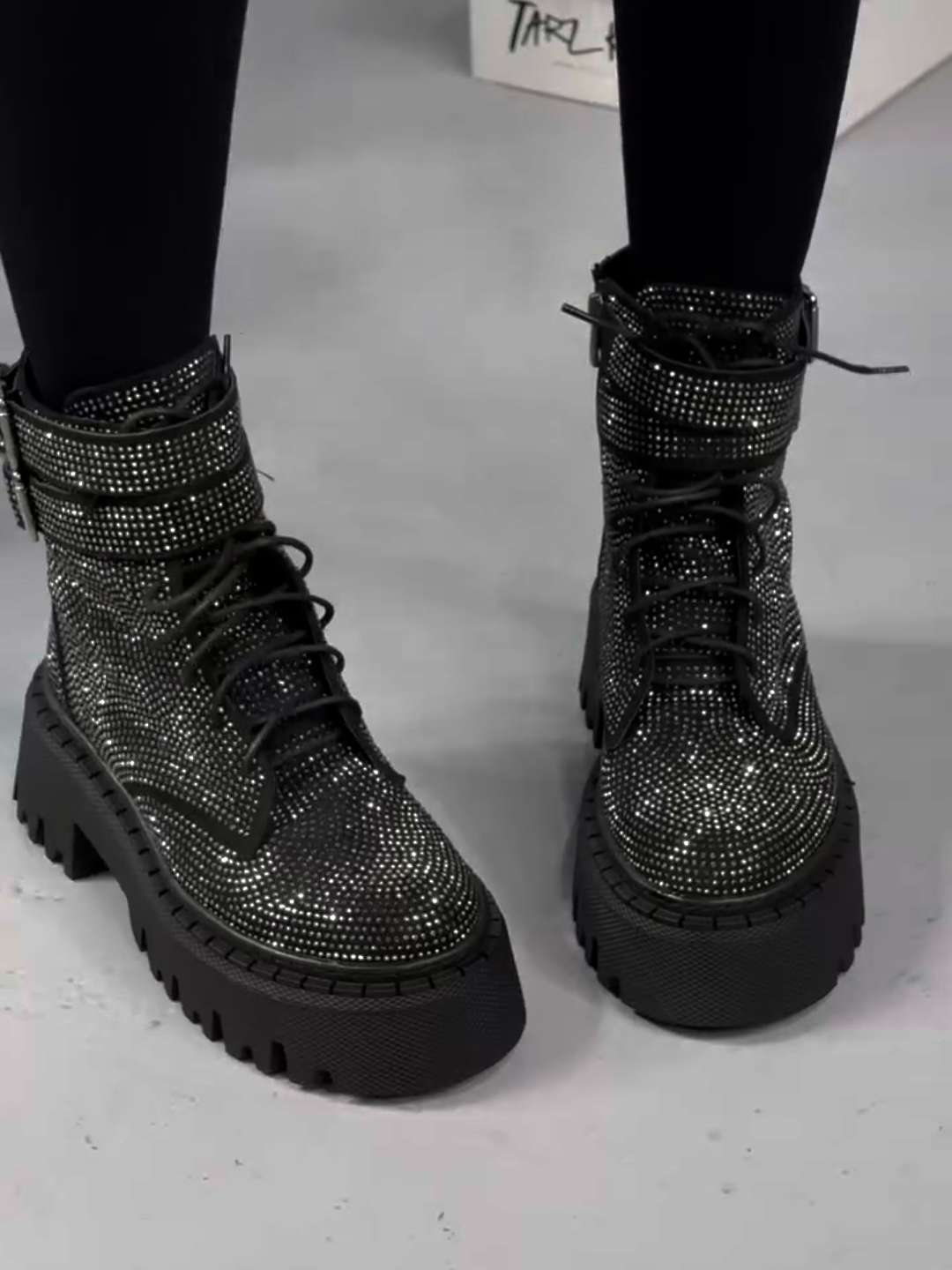 Black Rhinestone Combat Boots