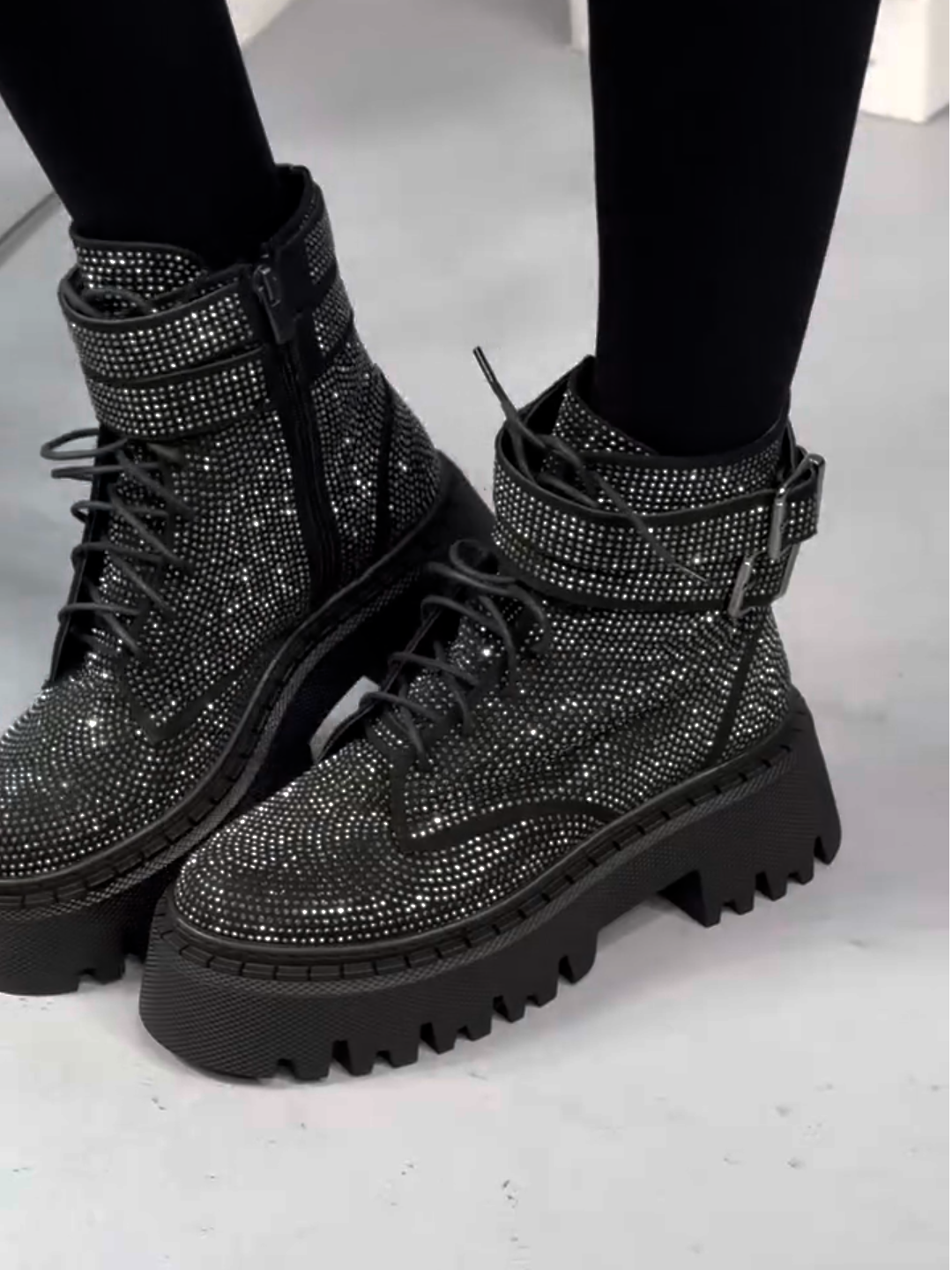 Black Rhinestone Combat Boots