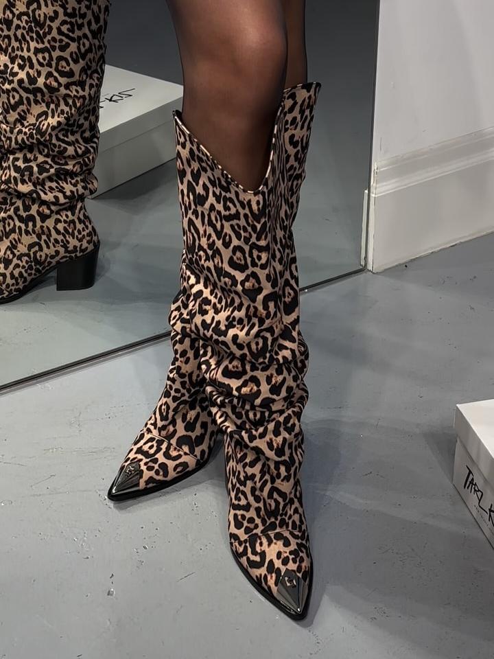 Leopard Print Slouchy Cowboy Knee High Boots