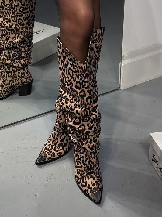 Leopard Print Slouchy Cowboy Knee High Boots