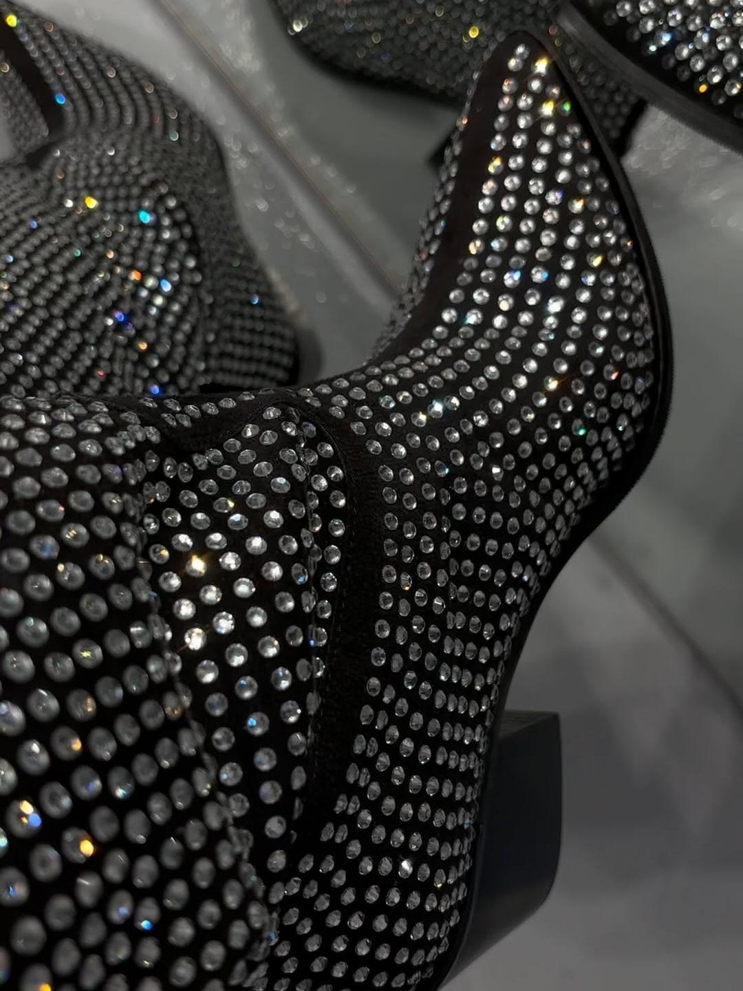 Rhinestone Knee High Block Heel Boots