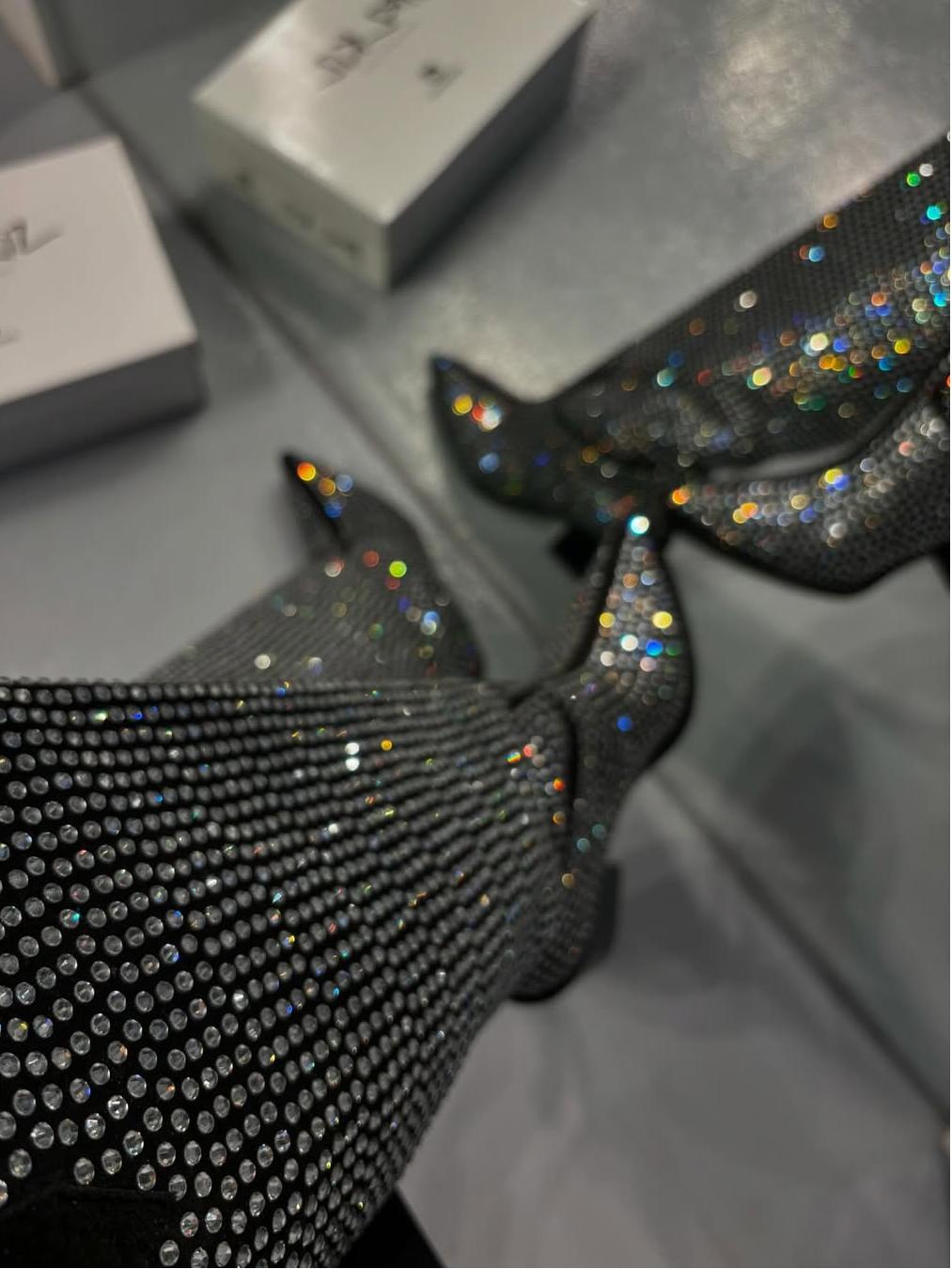 Rhinestone Knee High Block Heel Boots