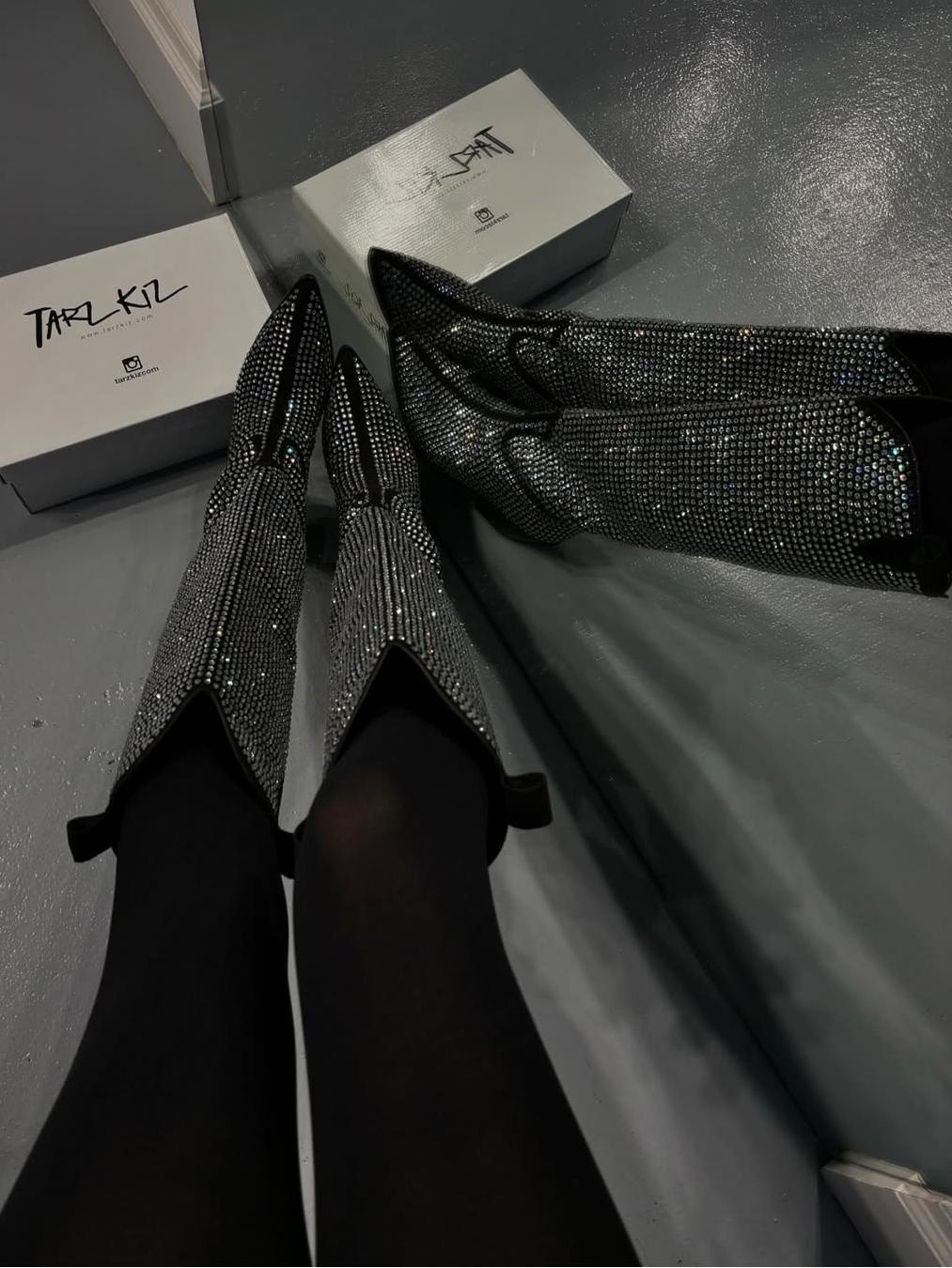 Rhinestone Knee High Block Heel Boots