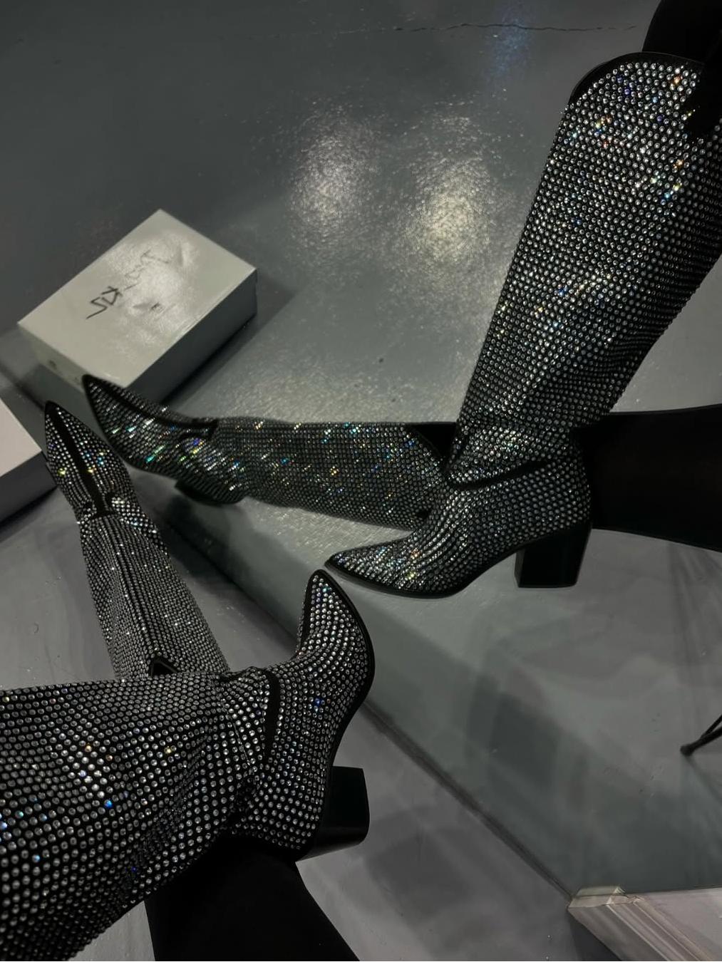 Rhinestone Knee High Block Heel Boots