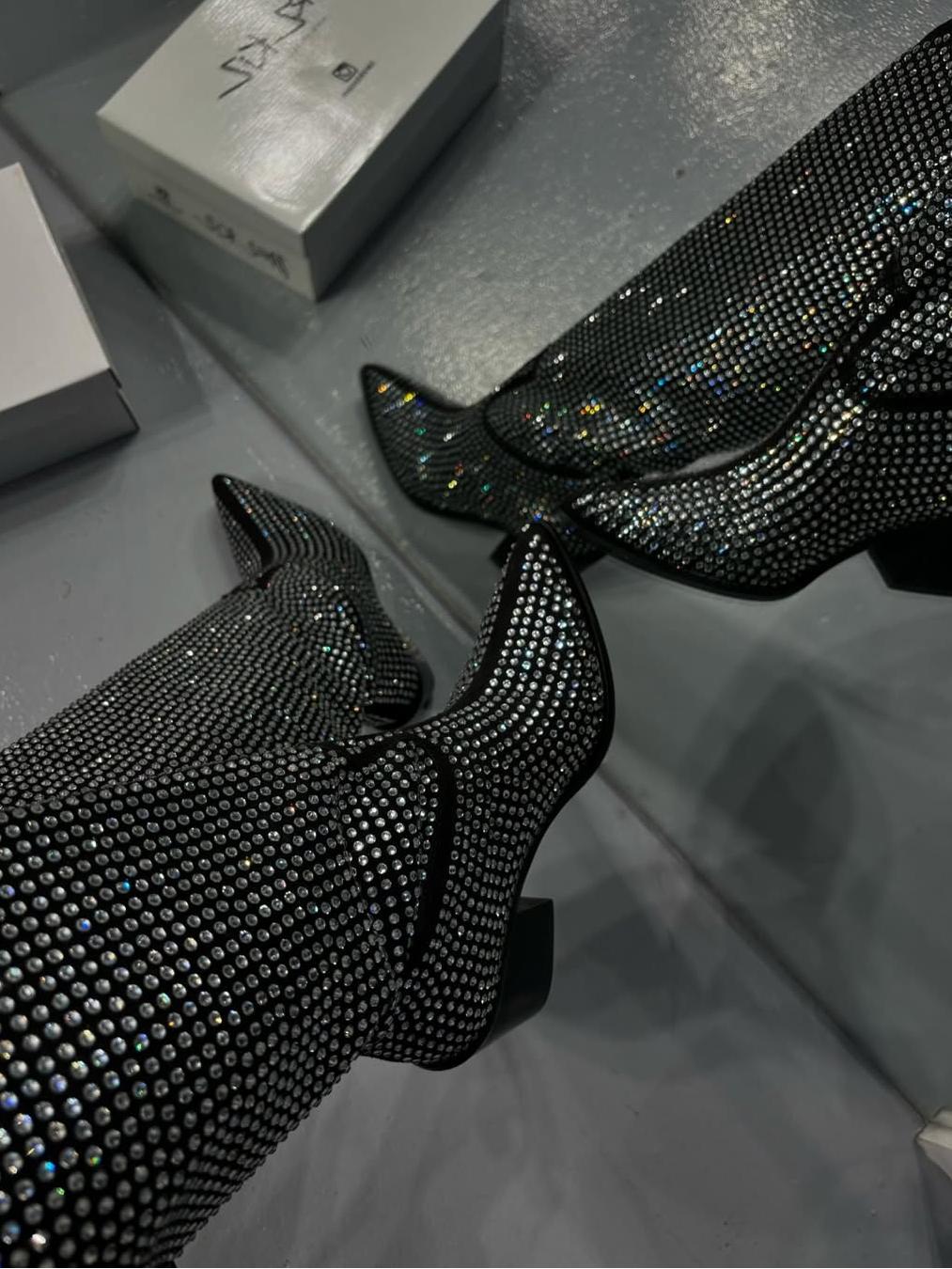 Rhinestone Knee High Block Heel Boots