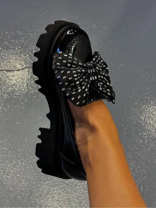 Black Patent Leather Rhinestone Bow Loafers
