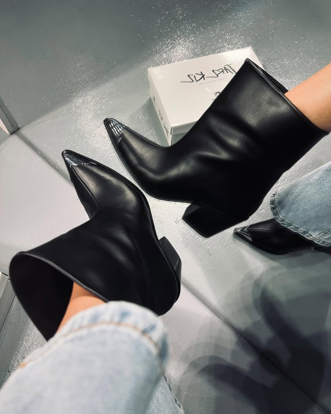 Black Leather Metallic Pointed Toe Ankle Boots
