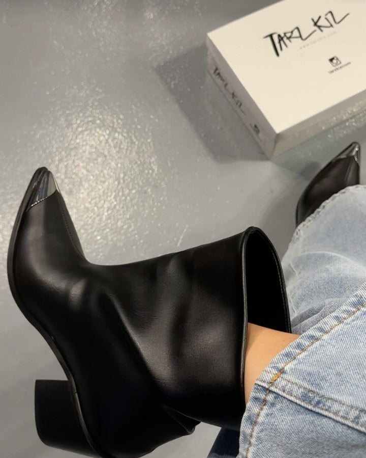 Black Leather Metallic Pointed Toe Ankle Boots
