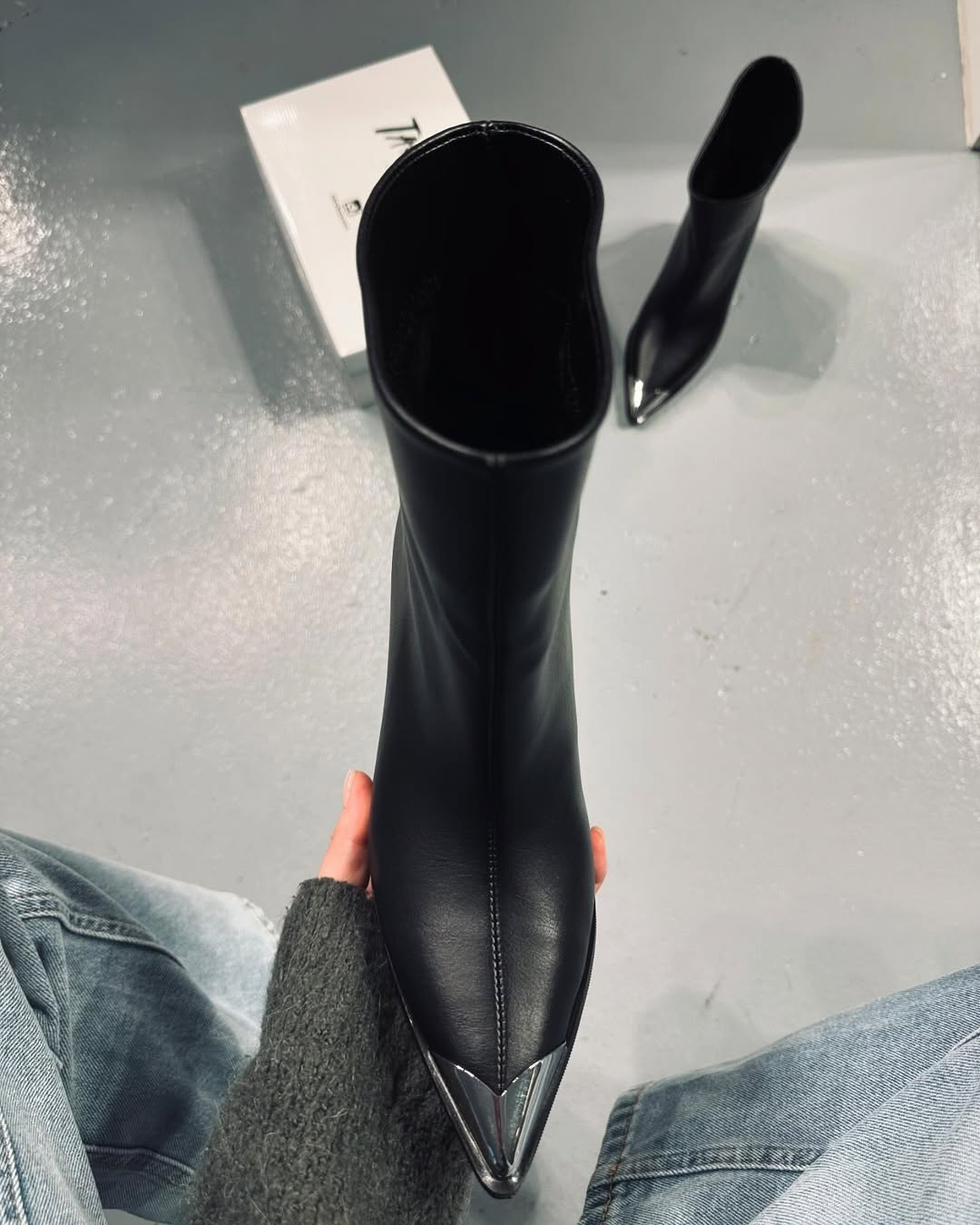 Black Leather Metallic Pointed Toe Ankle Boots