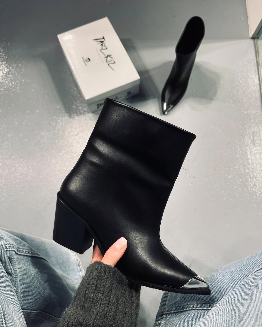 Black Leather Metallic Pointed Toe Ankle Boots