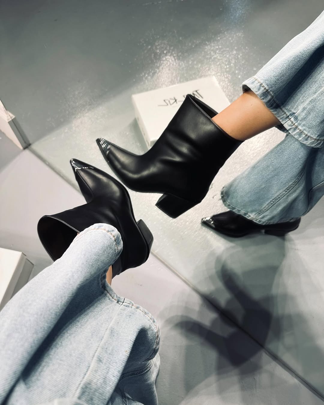 Black Leather Metallic Pointed Toe Ankle Boots