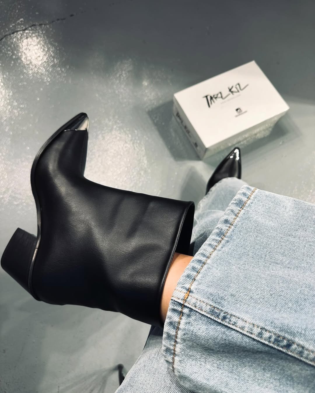 Black Leather Metallic Pointed Toe Ankle Boots