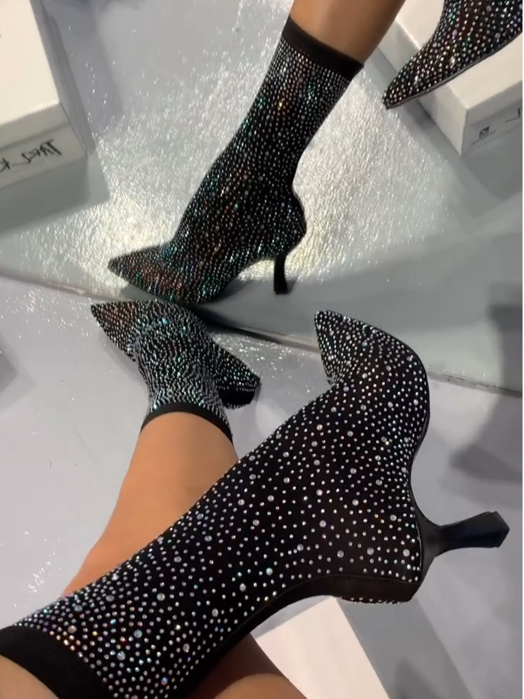 Black Rhinestone Pointed Toe Stiletto Ankle Boots