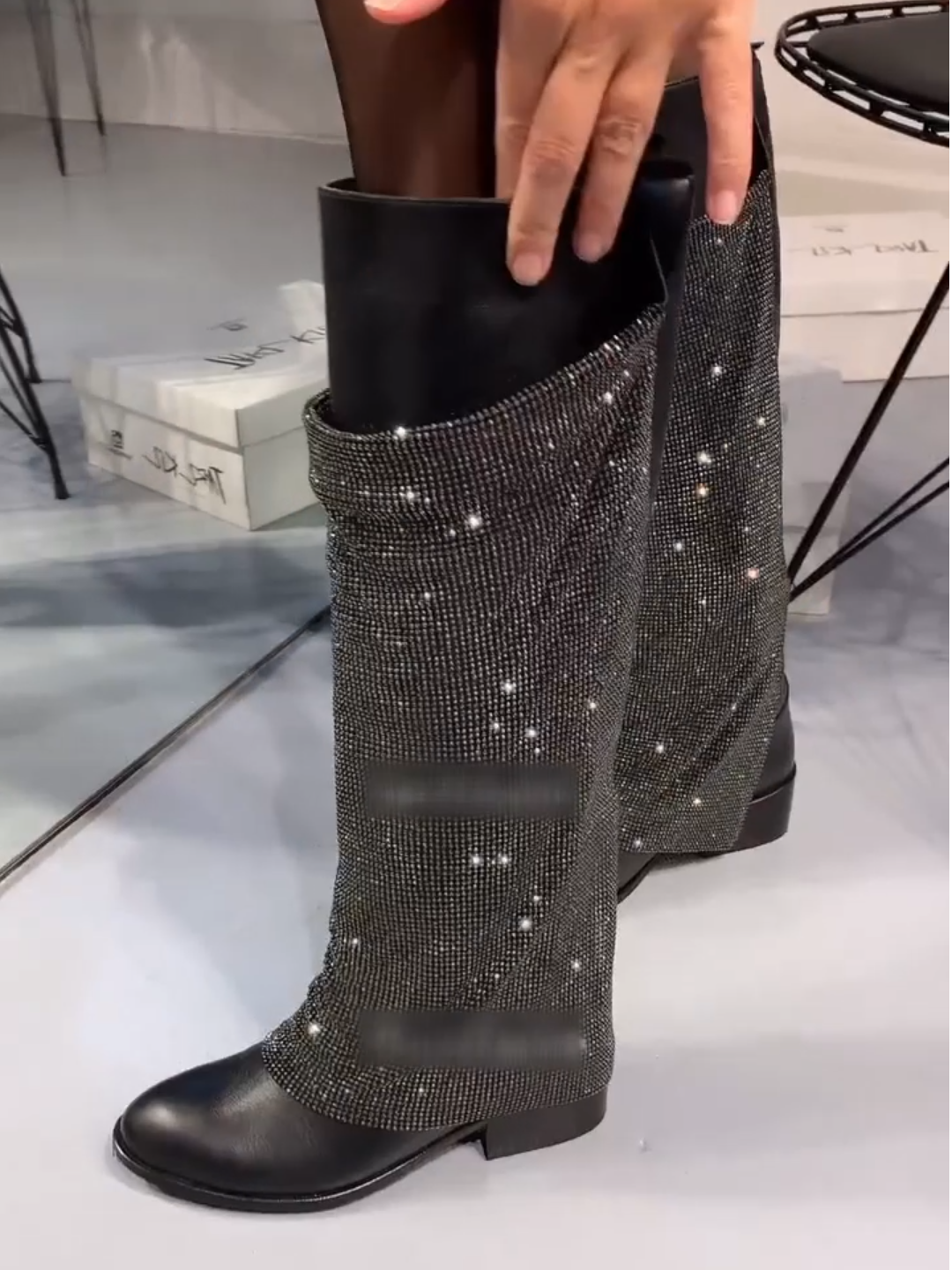 Black Rhinestone Knee High Boots