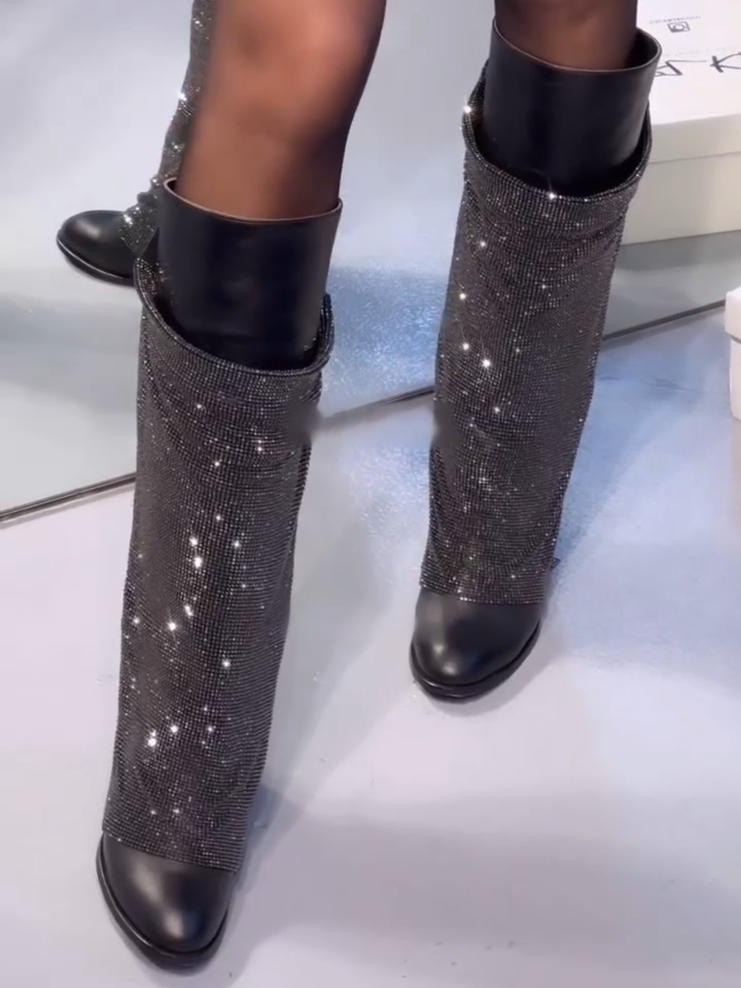 Black Rhinestone Knee High Boots