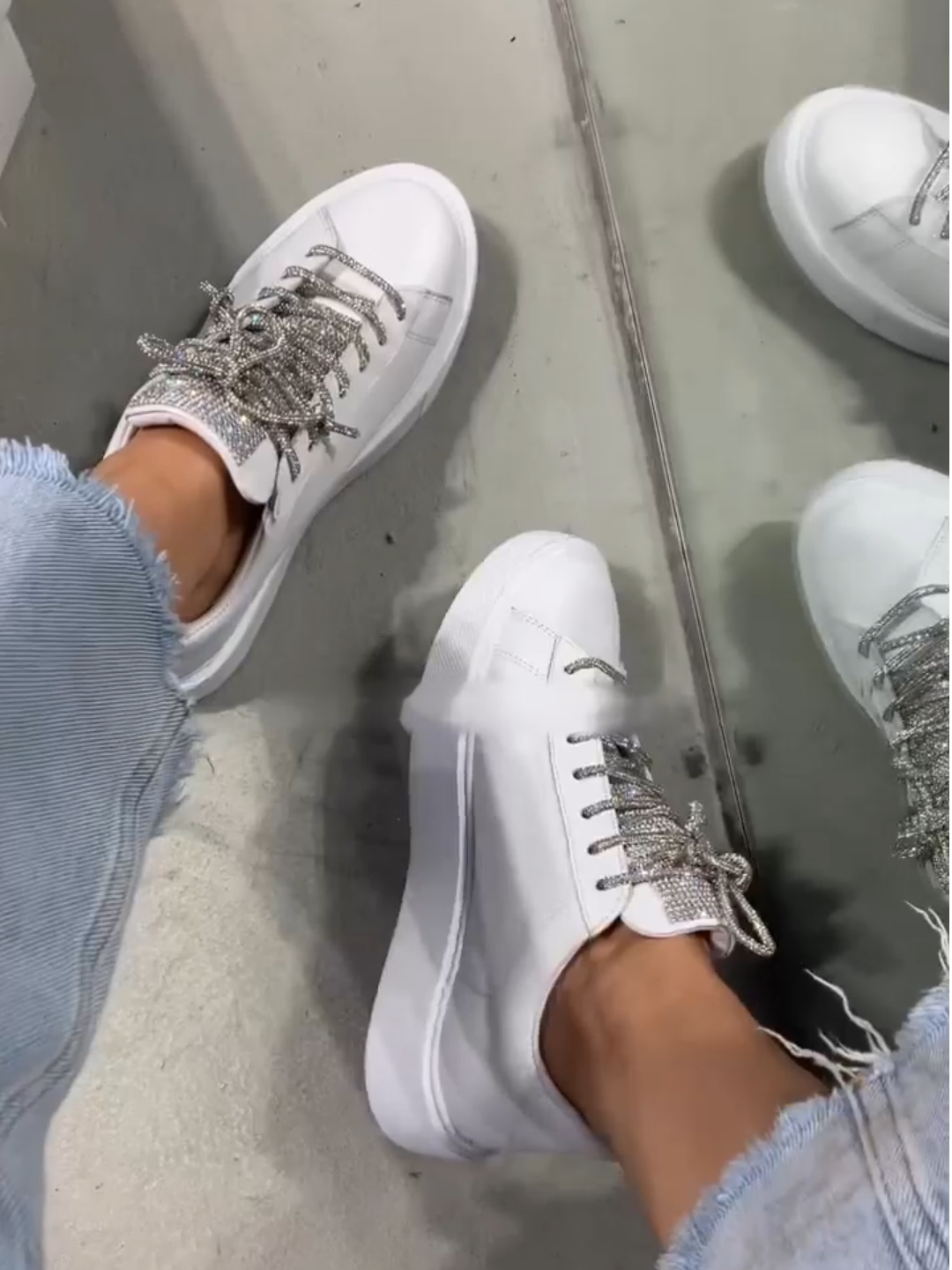 White Crystal Embellished Thick Sole Sneakers