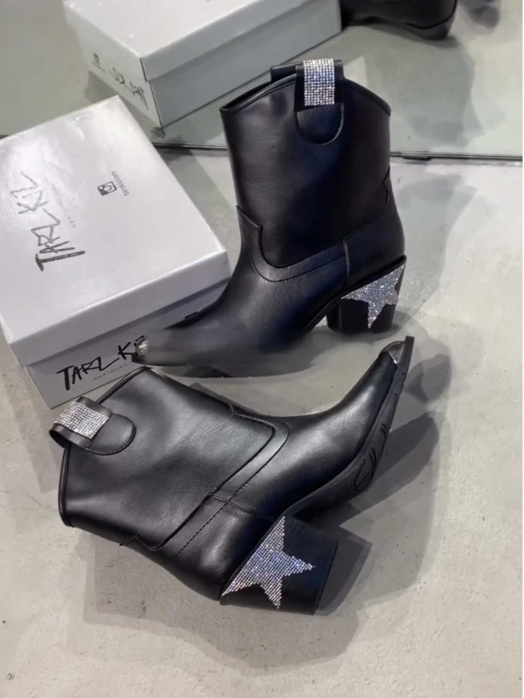 Black Leather Western Boots with Crystal Stars