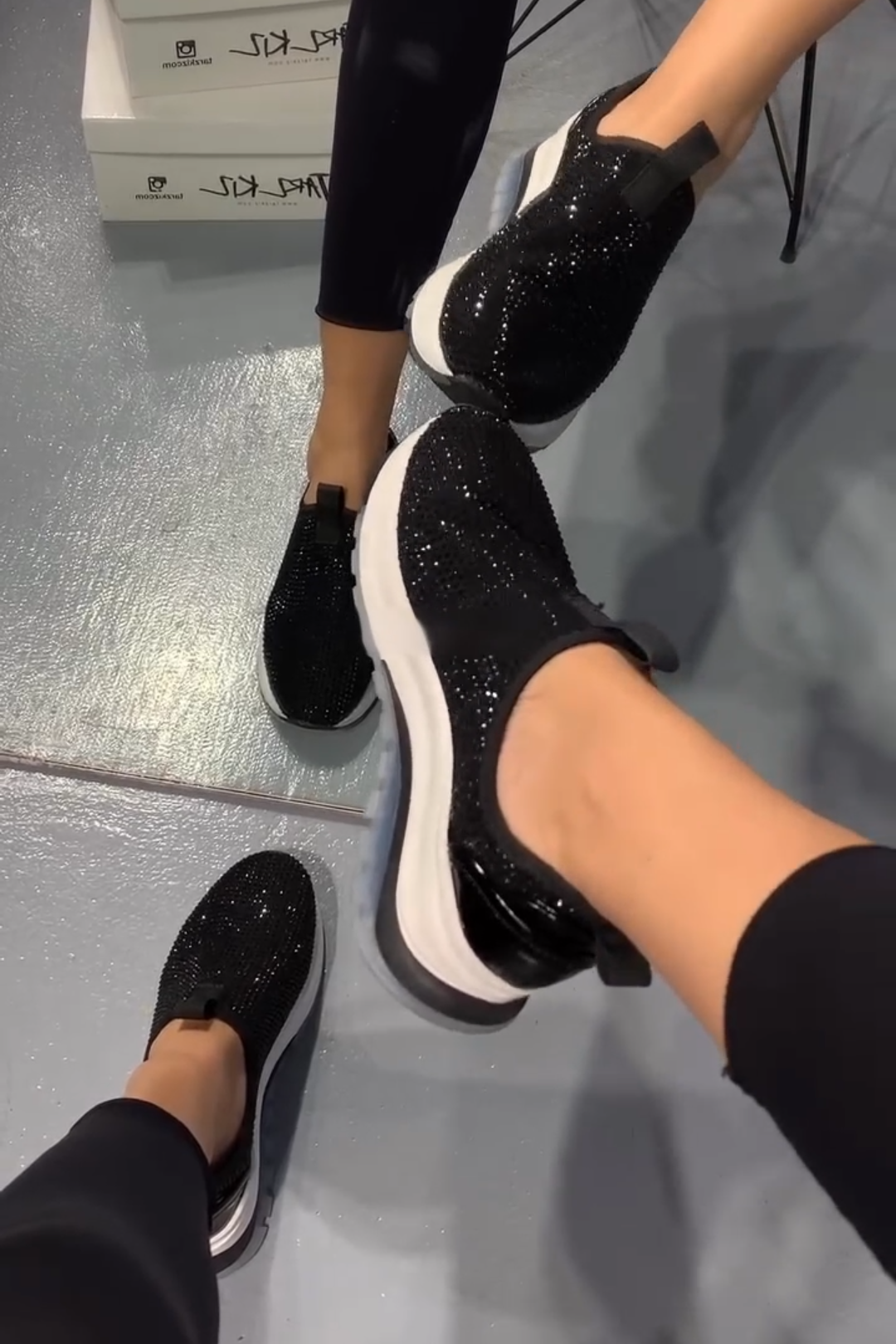 Black Crystal Embellished Slip On Sneakers