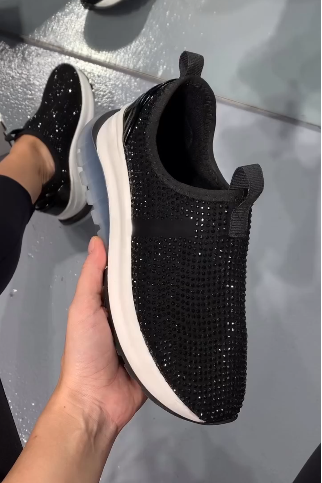 Black Crystal Embellished Slip On Sneakers