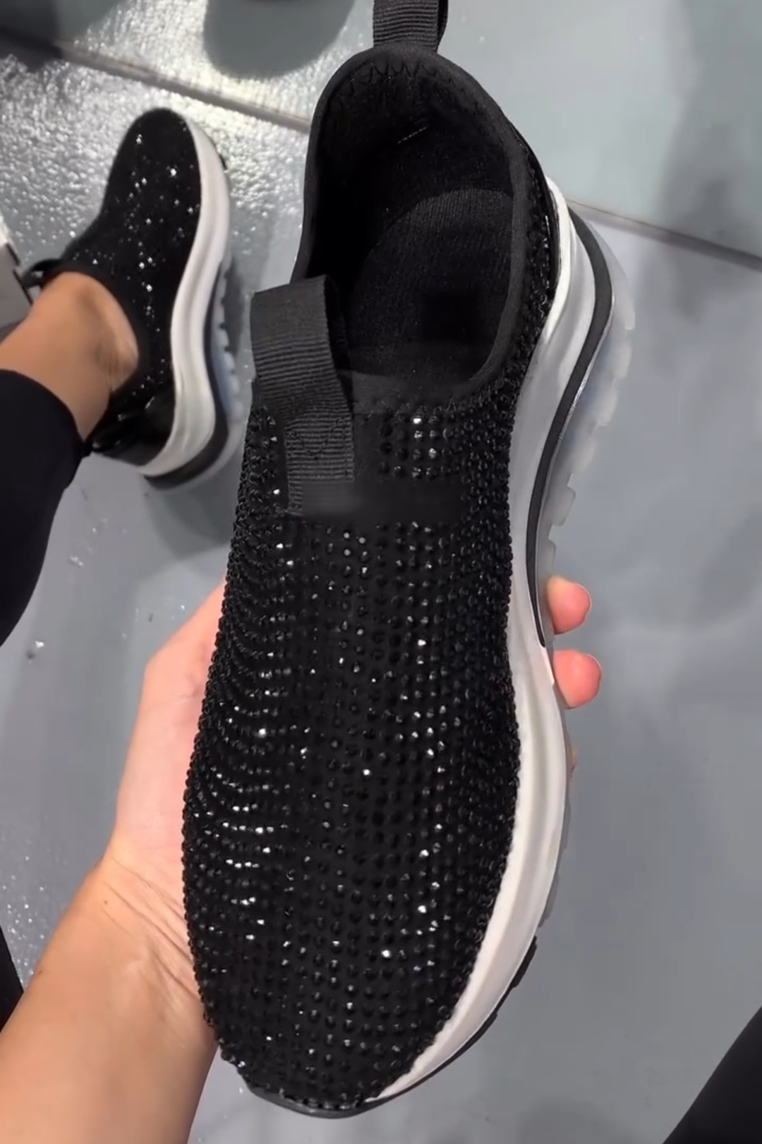 Black Crystal Embellished Slip On Sneakers