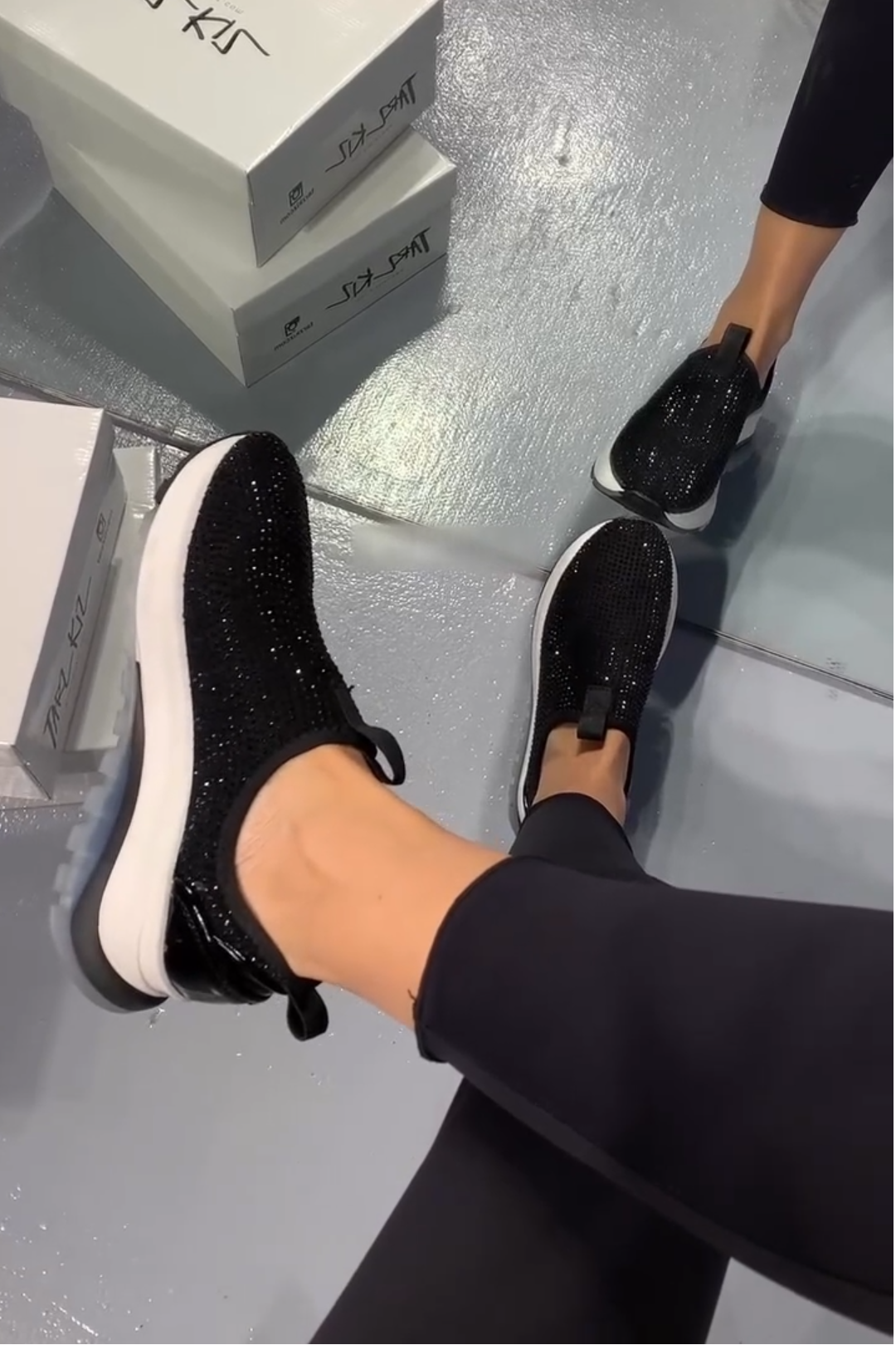 Black Crystal Embellished Slip On Sneakers