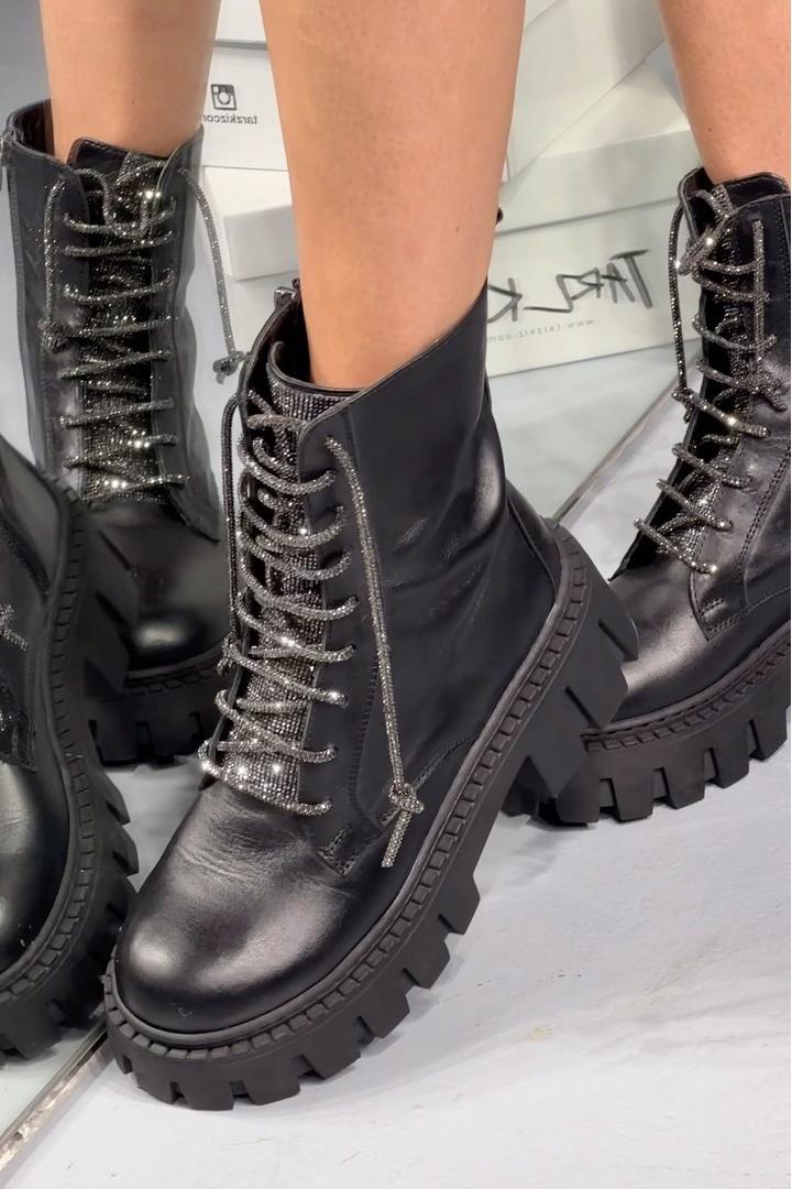 Black Rhinestone Laced Chunky Boots
